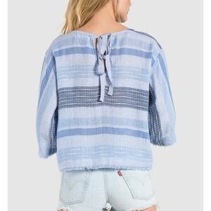 Cloth &Stone Blue Chambray Linen Woven 3/4 Sleeve Tie Back Top Size Medium